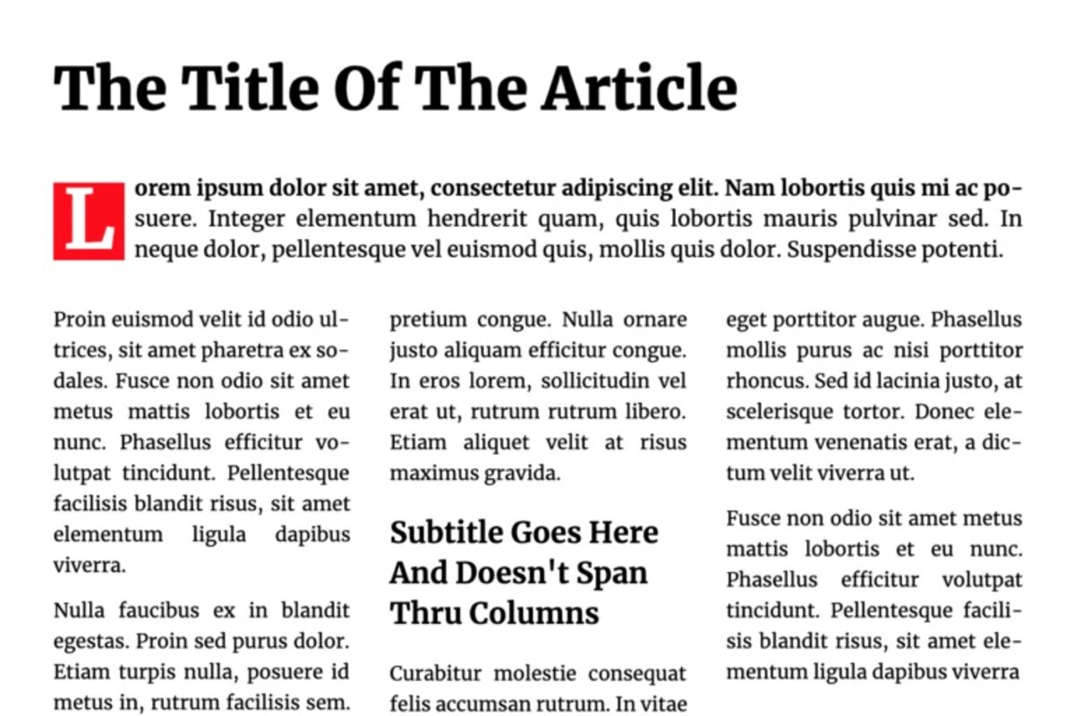 Article layout in columns, drop cap and intro paragraph spanning other columns