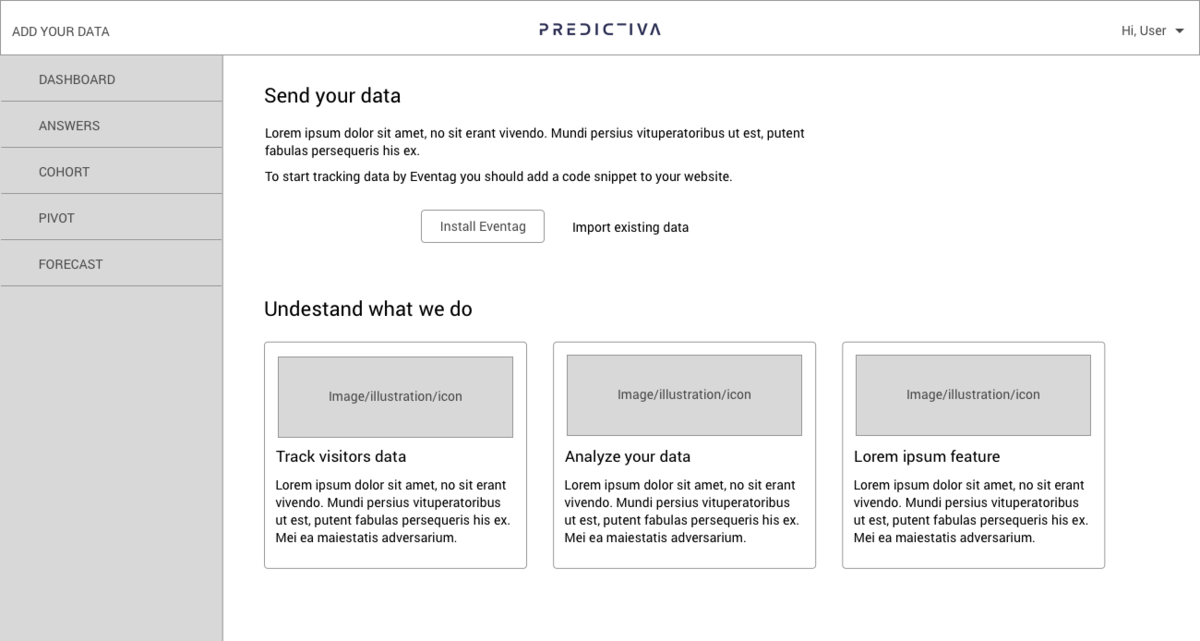 Walkthrough (onboarding) - Connecting the data by adding a custom tag or importing existing data from analytics, wireframes