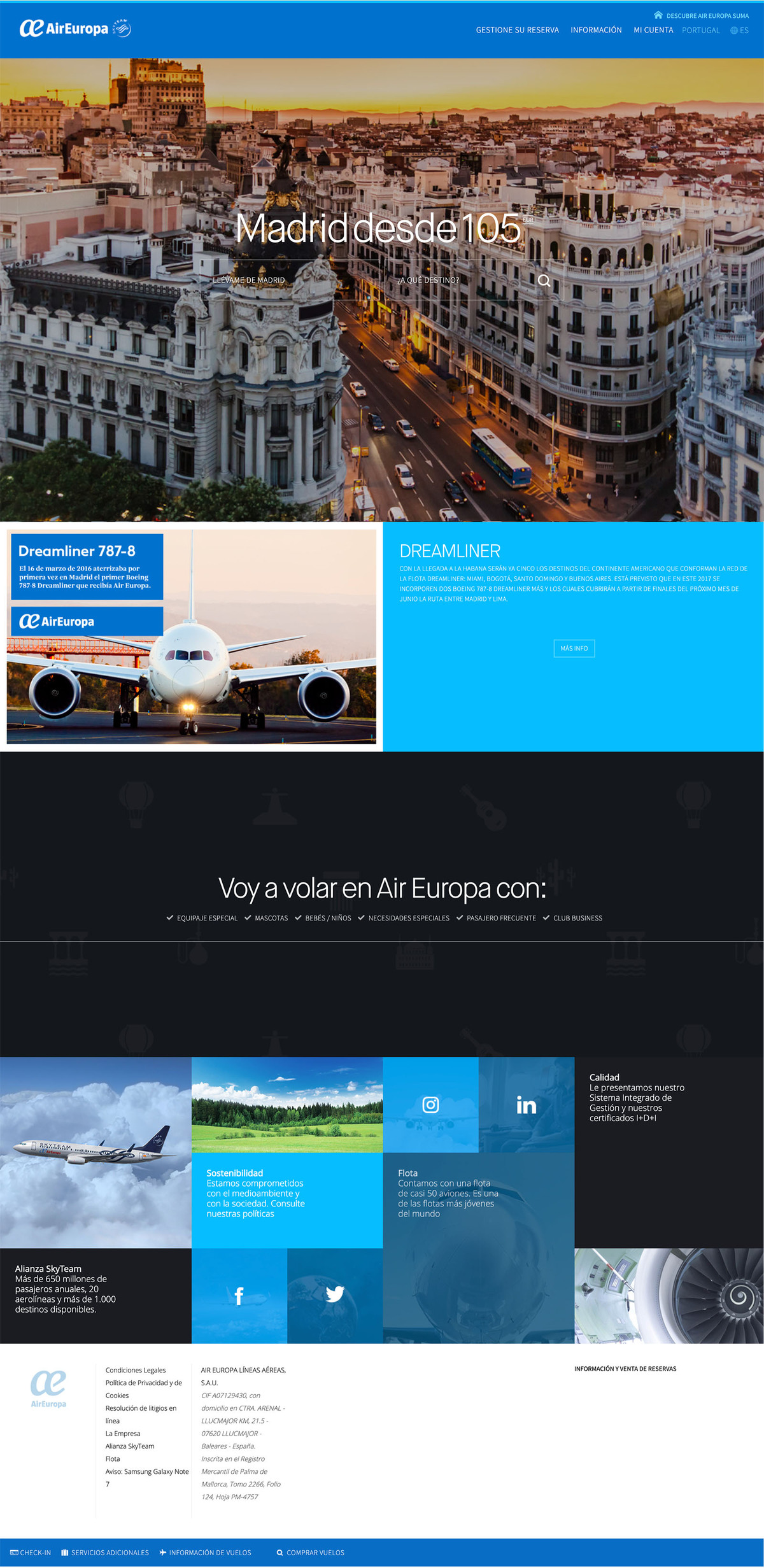 A screen shot of actual AirEuropa website featuring imagery, dark blue, light blue and black colors