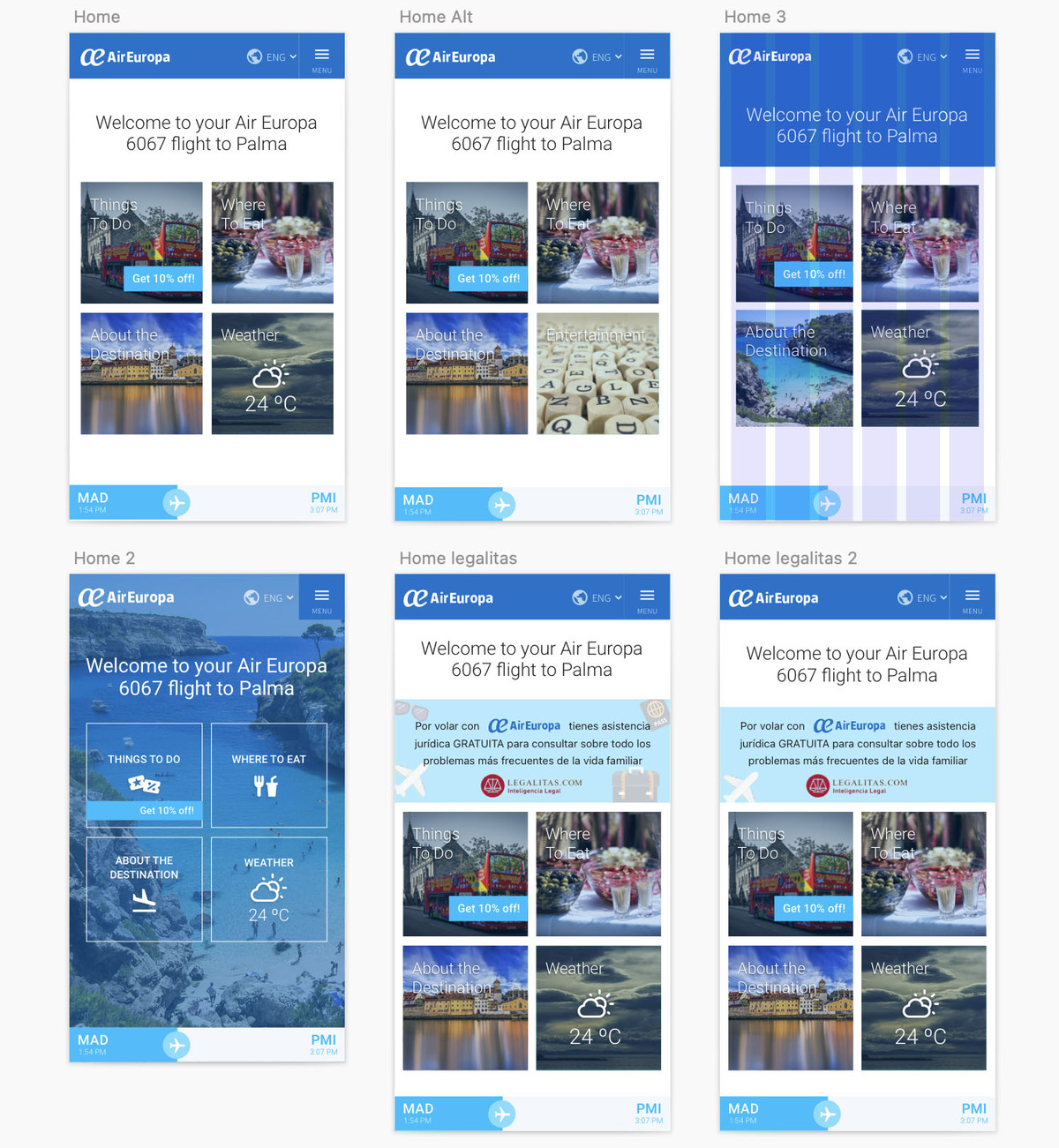 Home page design variations (with white background, bigger dark blue header, with destination image as a background, sponsored content). All versions are based on four tiles of for the sections - what to do, where to eat, about the destination and weather