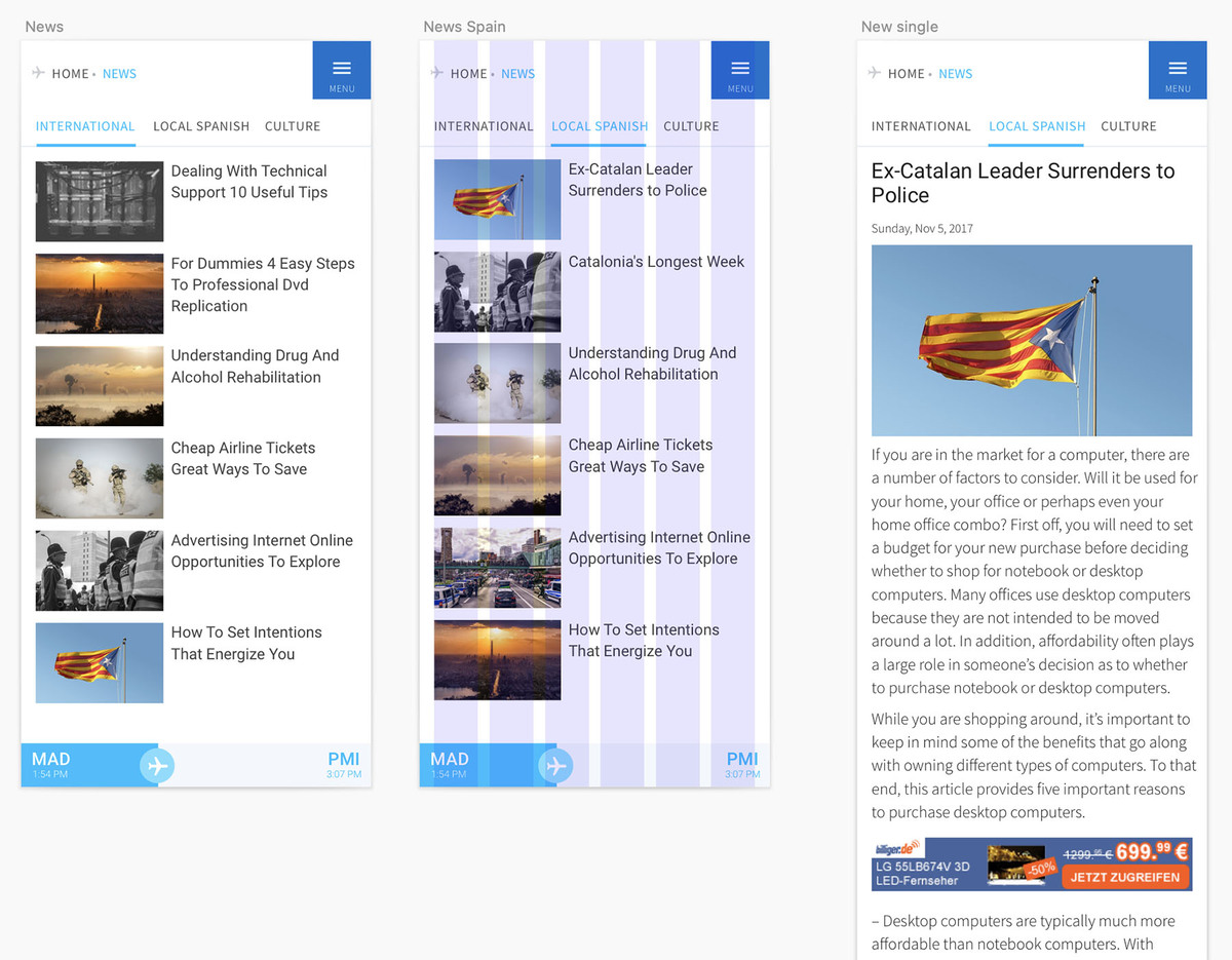 Screenshot of news pages design. A list of international and local news and a single news article; all using some images