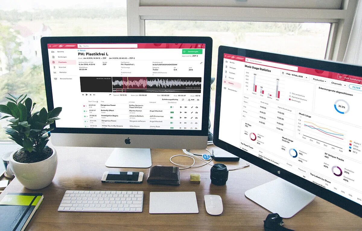 A realistic mockup of work desk with two computer screens having an application open