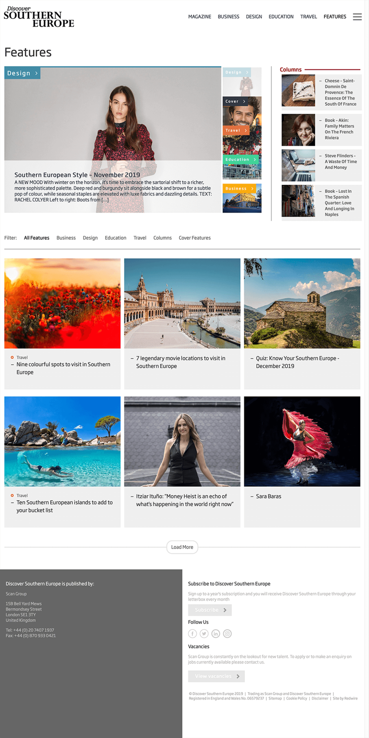 Page of featured content, split into categories