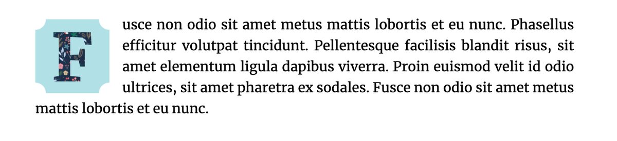 Drop cap where letter contain image pattern over and is inside the light blue rectangle with inverted rounded corners