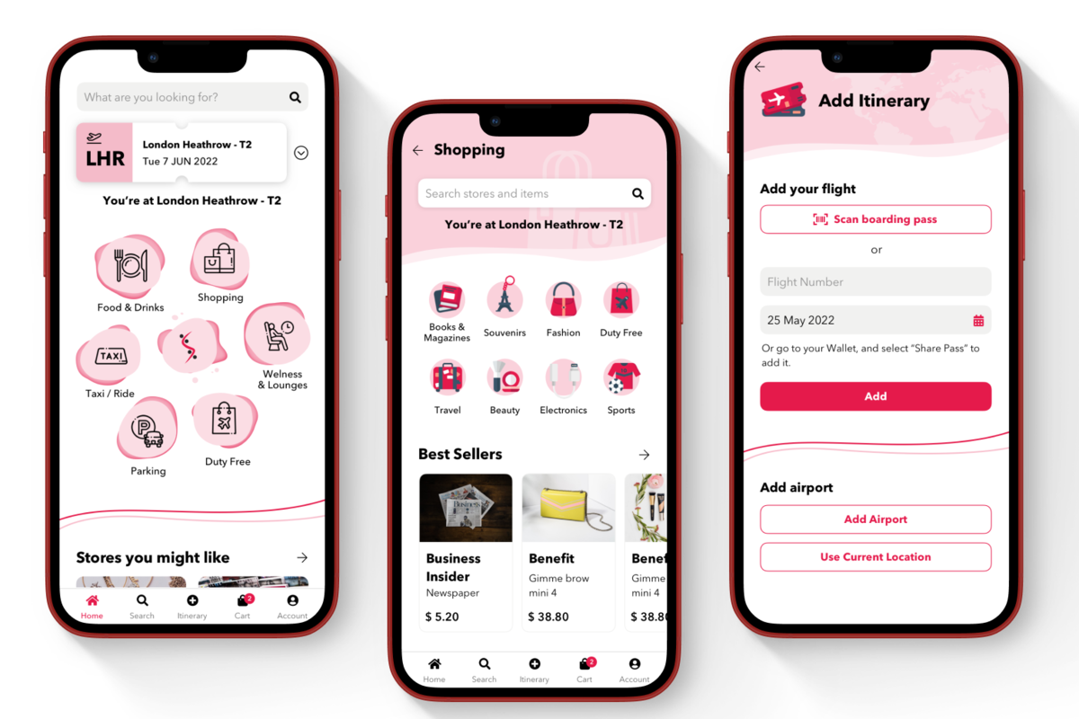 Final design of app - main screen, shopping and add itinerary