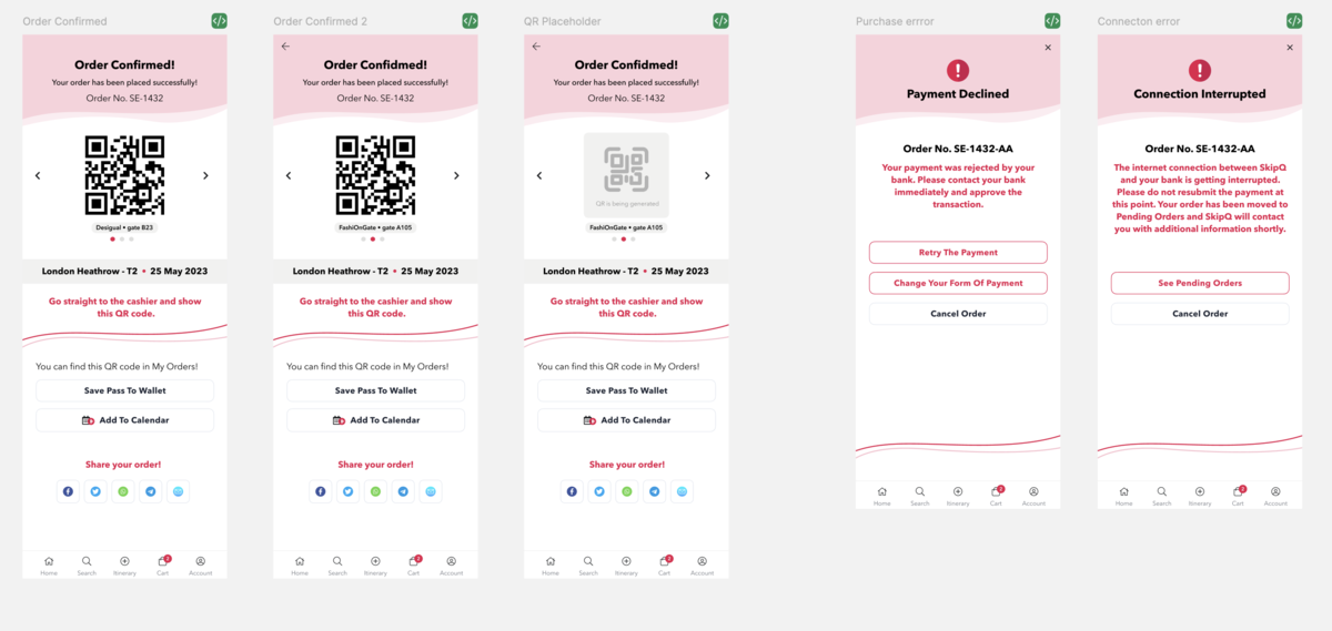 Design variations for successful order and when error happens (payment declined, connection interrupted), QR code