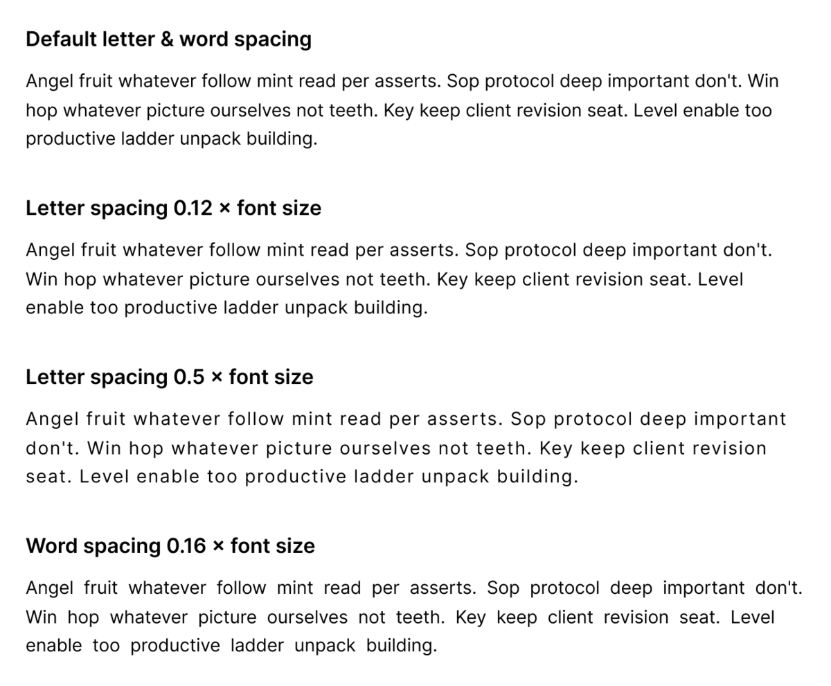 Default paragraph of text using 1.6 line height; paragraph using 0.12 and 0.5 × font size letter spacing and paragraph of text using 0.16 × font size word spacing (increased spacing between the words)