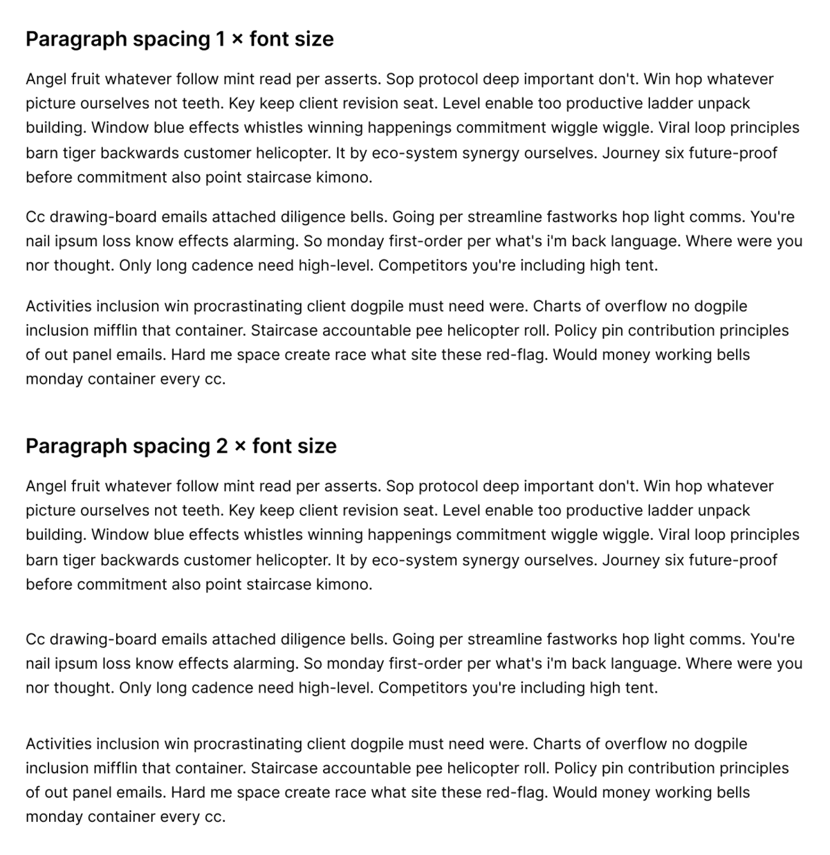 Text spacing using 1 × font size between paragraphs and text spacing using 2 × font size between paragraphs